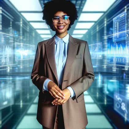 An approachable business leader confidently at the forefront of a futuristic workplace, surrounded by floating digital screens displaying complex grap